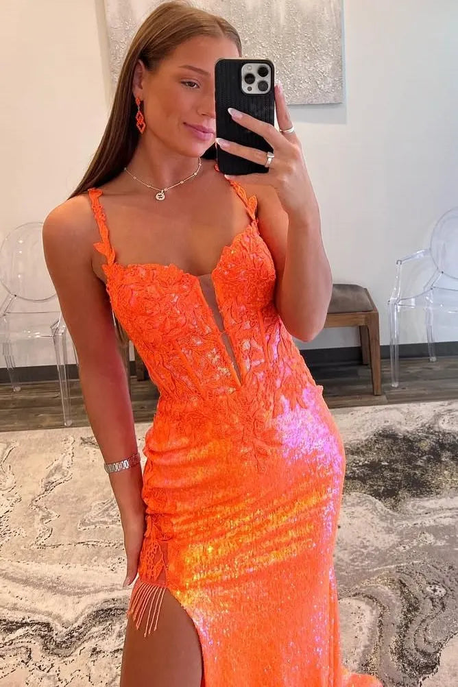 Vibrant Orange Sequin Spaghetti Strap Mermaid Prom Gown