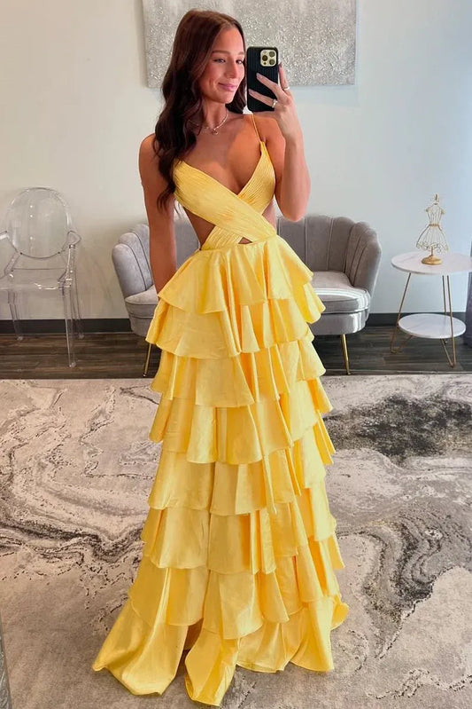 Vibrant Yellow Spaghetti Strap Backless Tiered Ruffle Maxi Dress Prom Gown