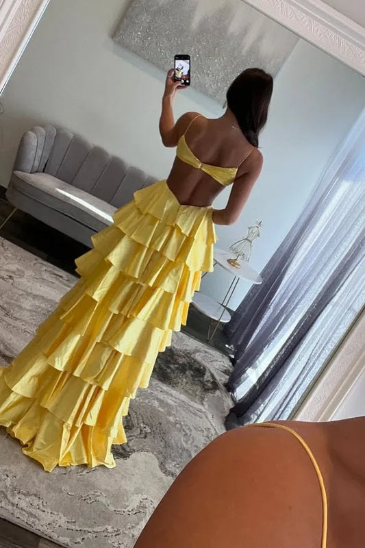Vibrant Yellow Spaghetti Strap Backless Tiered Ruffle Maxi Dress Prom Gown