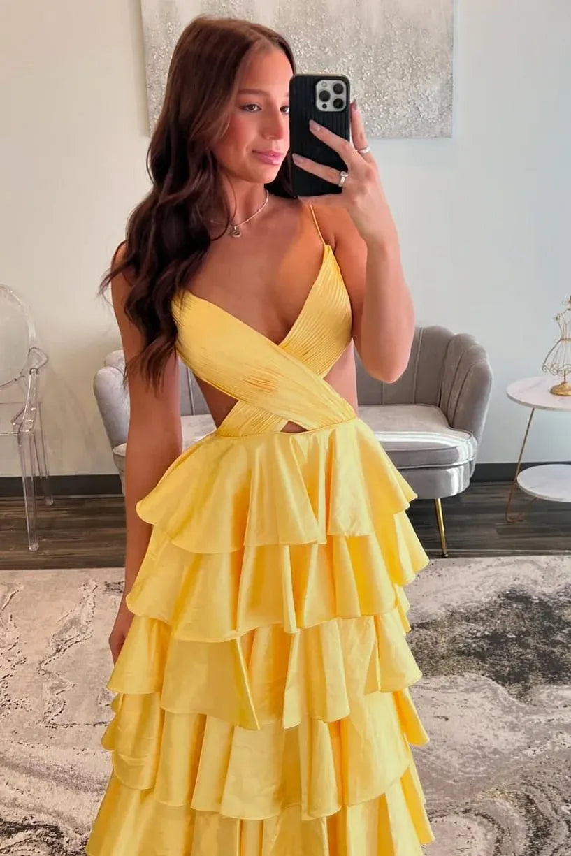 Vibrant Yellow Spaghetti Strap Backless Tiered Ruffle Maxi Dress Prom Gown