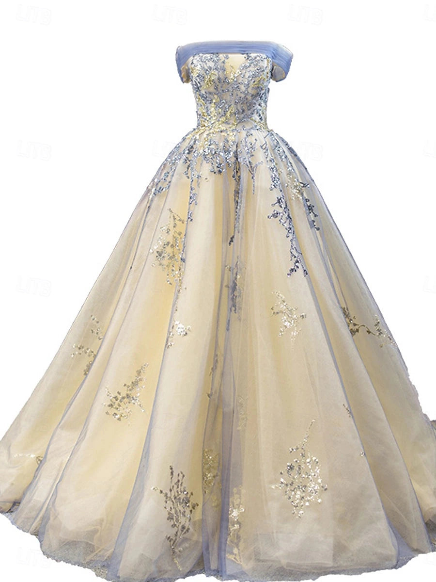 Tulle Ballgown Off Shoulder Sleeveless Lace Up Back Train Prom Dress
