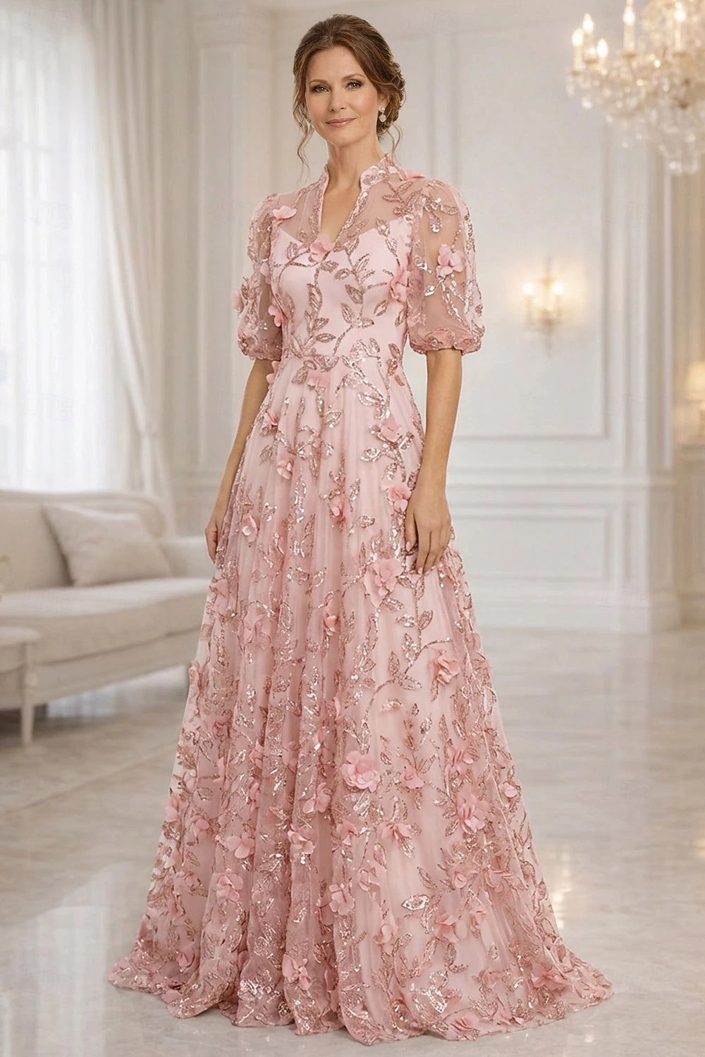 Light Blue A-Line High Neck Puff Sleeve Illusion Back Floor-Length Mother Of The Bride Dress