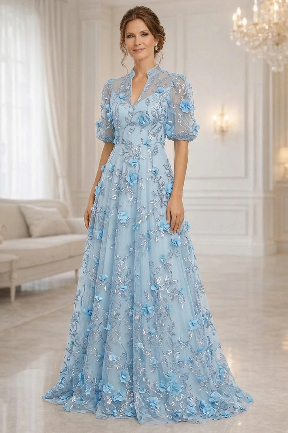 Vedress light blue 3D floral a-line floor length mother of the bride dress high neck puff sleeve tulle gown