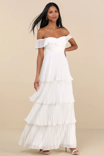 Vedress Chiffon Tiered Off Shoulder Open Back Maxi Bridesmaid Gown