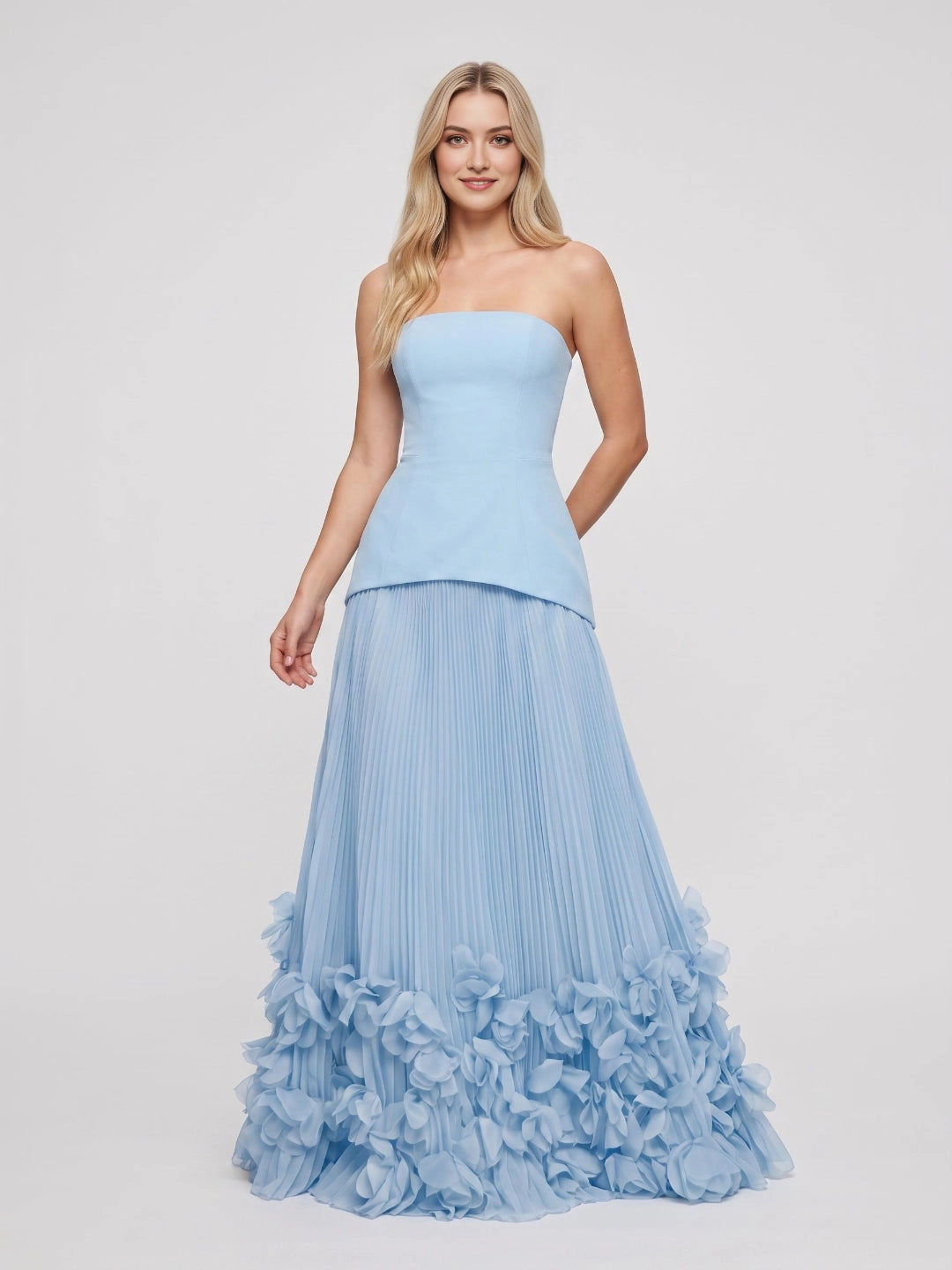 Ivory A‑Line Strapless Lace‑Up 3D Floral Train Long Wedding Dress
