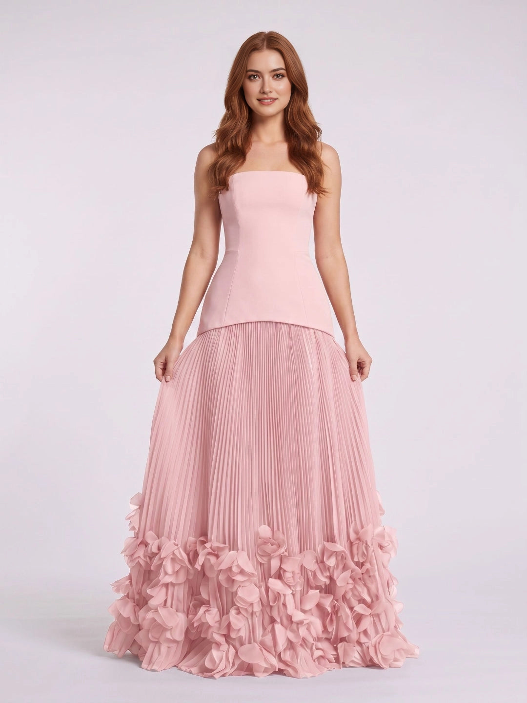 Ivory A‑Line Strapless Lace‑Up 3D Floral Train Long Wedding Dress