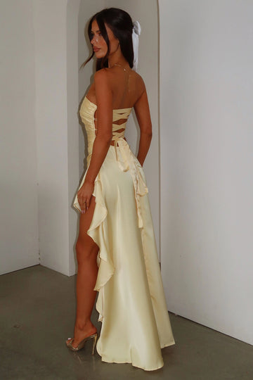 Chic A‑Line Strapless Tube Lace‑Up‑Back High‑Slit Asymmetrical Bridesmaid Prom Dress