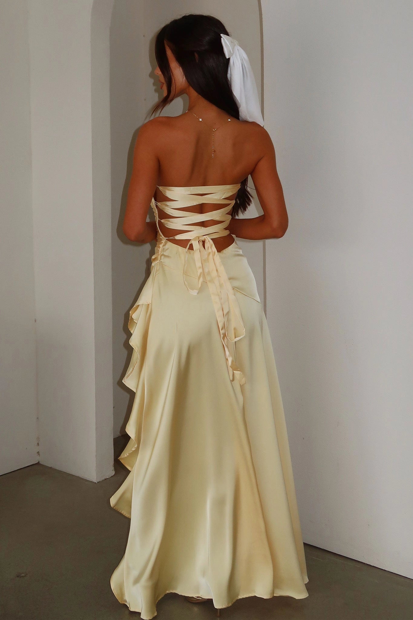 Chic A‑Line Strapless Tube Lace‑Up‑Back High‑Slit Asymmetrical Bridesmaid Prom Dress