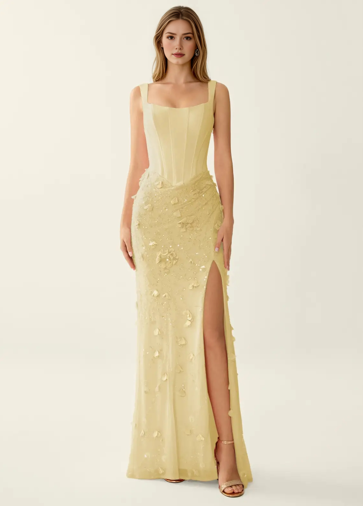 Vestido de noche de sirena con flores 3D, corsé con espalda con cordones, corte entallado, cuello cuadrado, sin mangas, con cordones, vestido de fiesta maxi formal