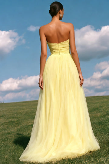 Yellow A-line Prom Dress with open back and ruched bodice detail by Vedress