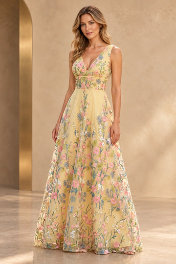 Front view of a Vedress light yellow floral embroidered tulle wedding guest dress with a sleeveless V-neck bodice and floor-length A-line skirt.