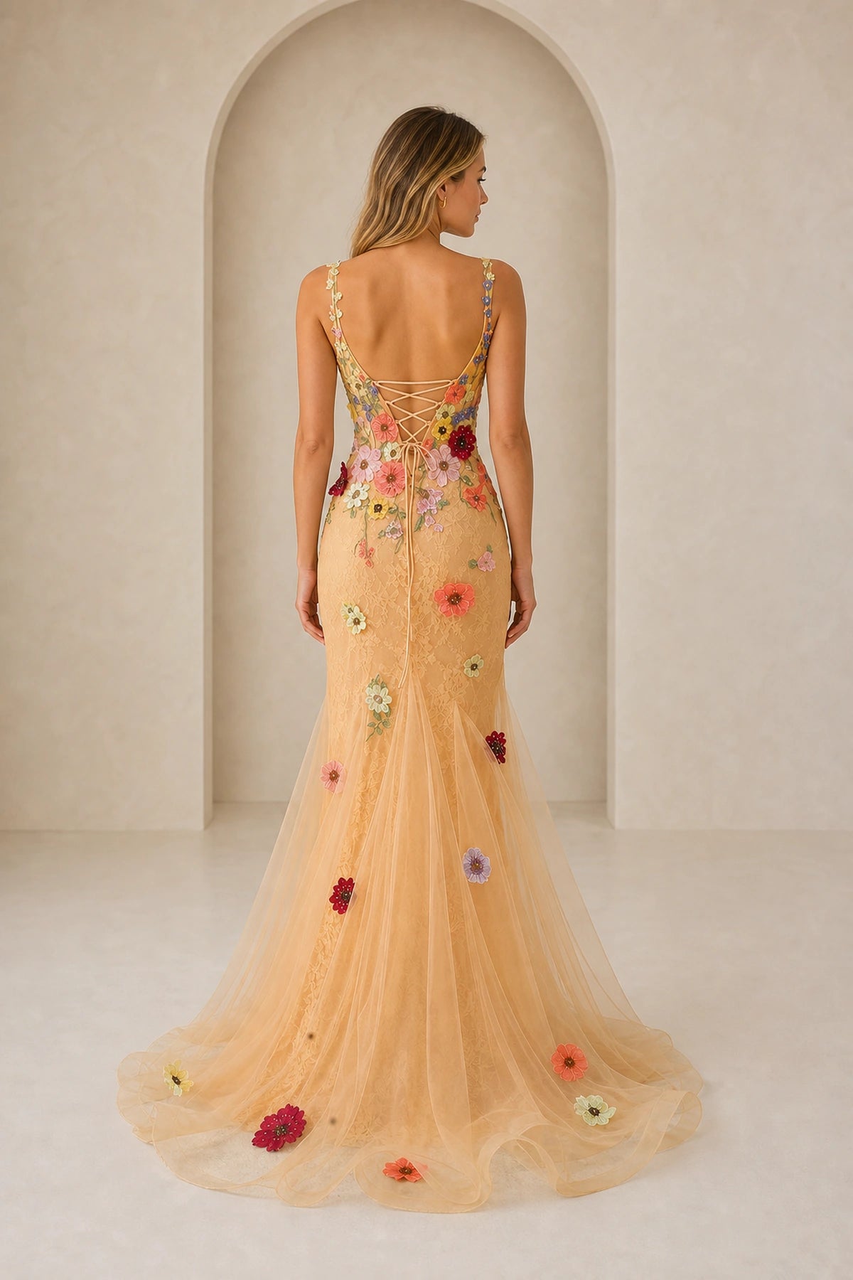 Romantic Mermaid V Neck Sleeveless Lace Up Sweep Train Prom Dress