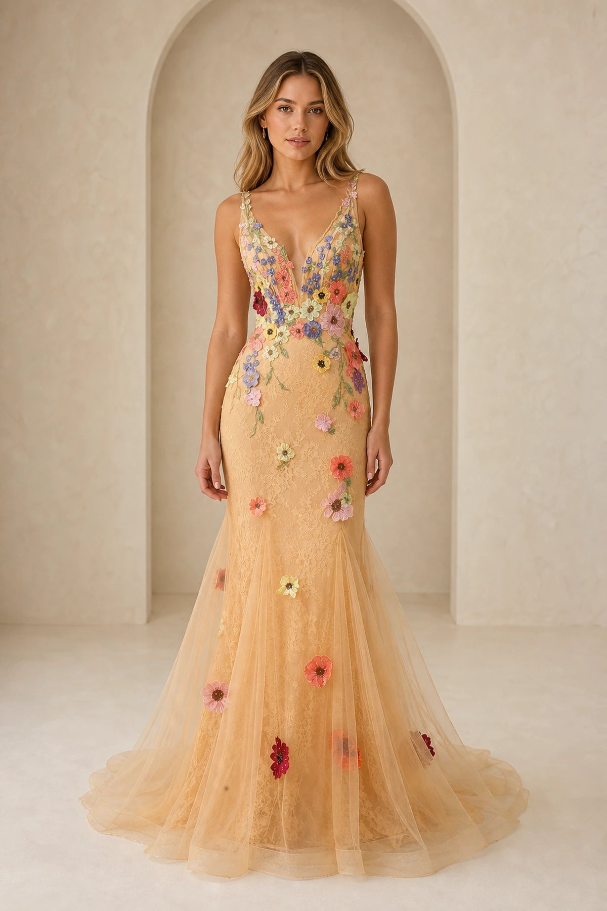 Romantic Mermaid V Neck Sleeveless Lace Up Sweep Train Prom Dress