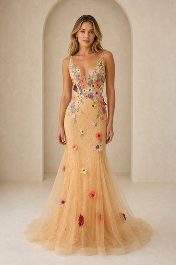 Romantic Mermaid V Neck Sleeveless Lace Up Sweep Train Prom Dress