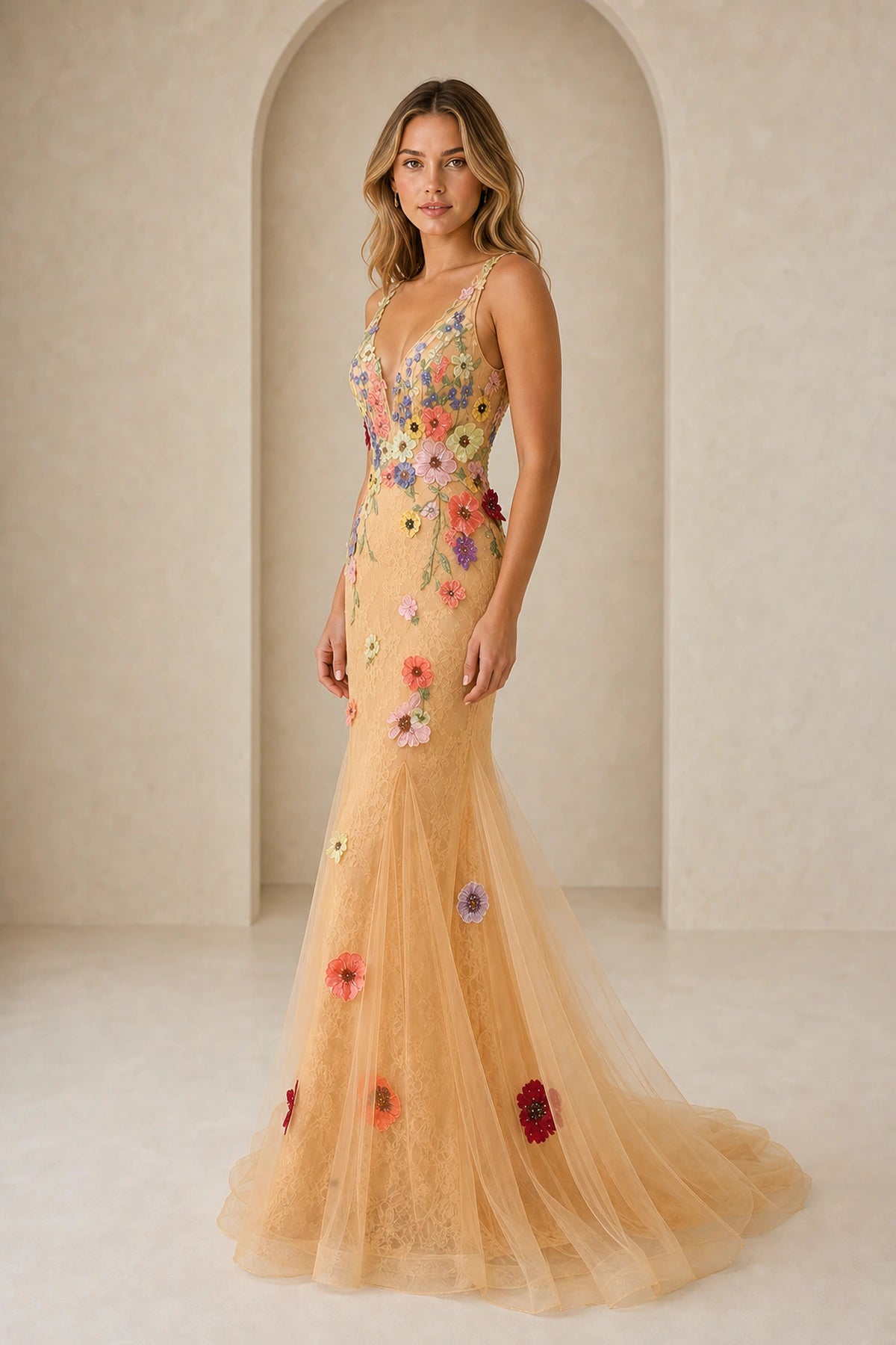 Romantic Mermaid V Neck Sleeveless Lace Up Sweep Train Prom Dress