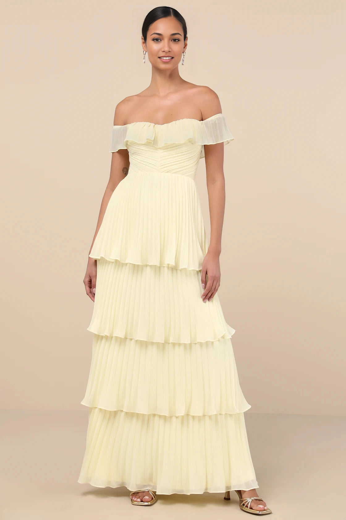 Vedress pale yellow chiffon tiered off shoulder maxi bridesmaid gown front view ruffle neck pleated dress