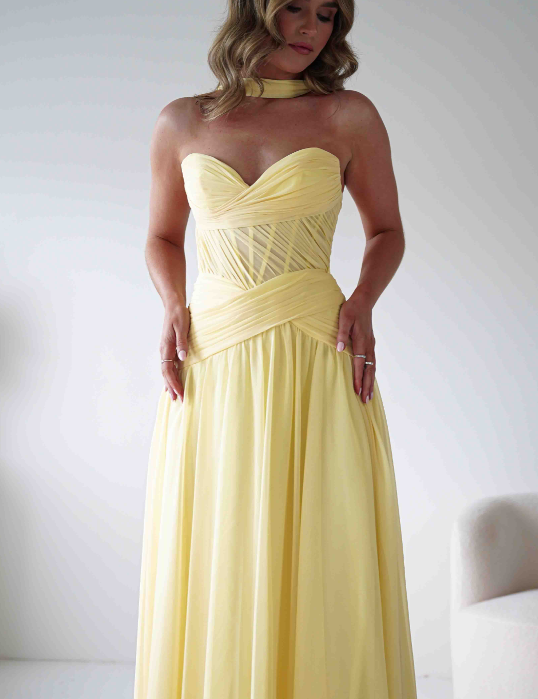 Elegant Strapless Corset-Style Chiffon Bridesmaid Dress with Tulle Lace-Up Panel and A-Line Prom Dresses