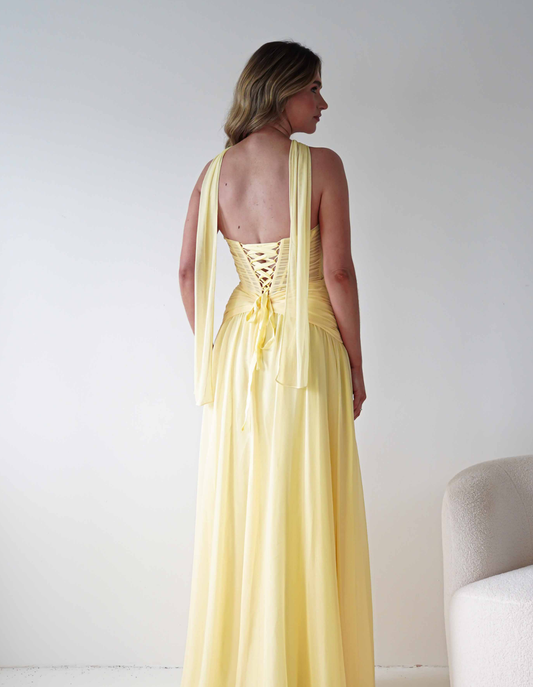 Elegant Strapless Corset-Style Chiffon Bridesmaid Dress with Tulle Lace-Up Panel and A-Line Prom Dresses