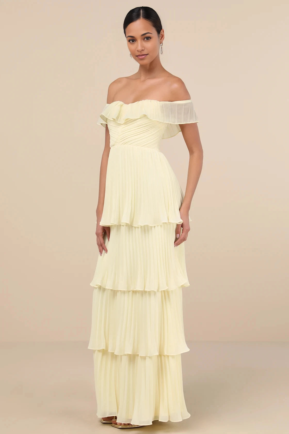 Vedress Chiffon Tiered Off Shoulder Open Back Maxi Bridesmaid Gown
