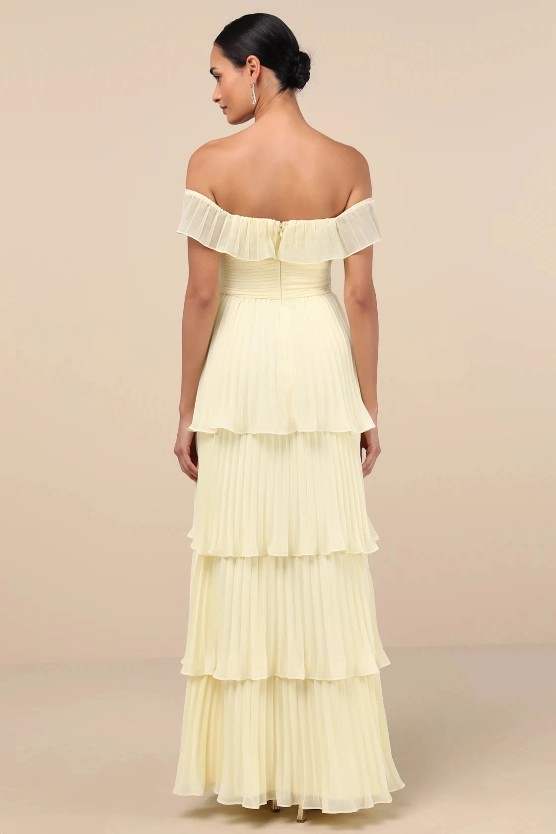 Vedress cream yellow tiered off shoulder open back maxi bridesmaid dress back view hidden zipper