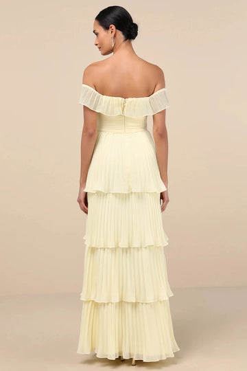 Vedress cream yellow tiered off shoulder open back maxi bridesmaid dress back view hidden zipper