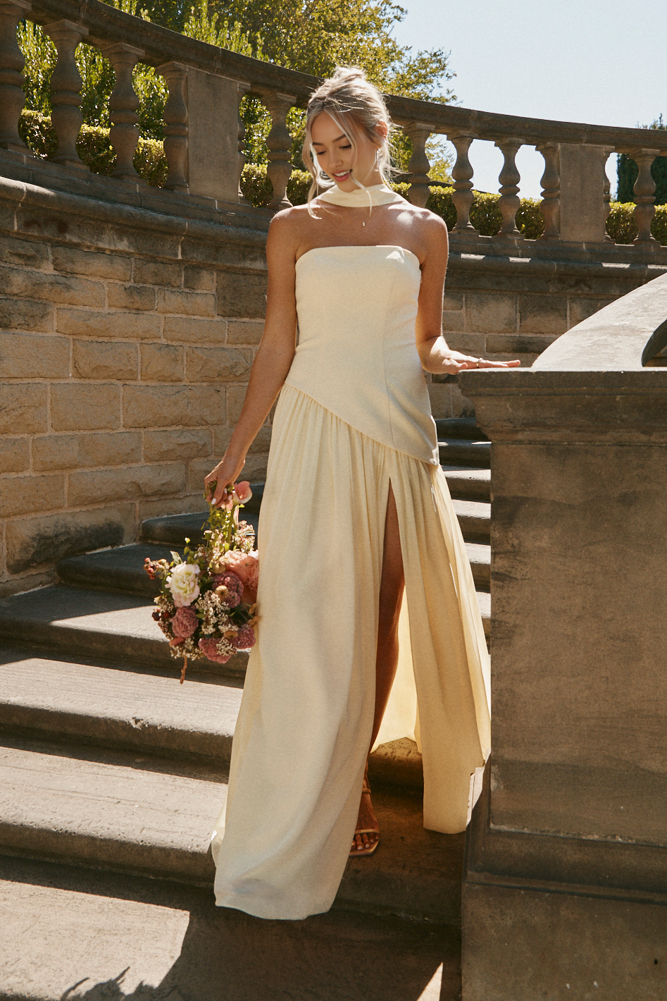 Elegant Strapless Slit Maxi Dress Crepe Chiffon Dress Outdoor Wedding Formal Events Bridesmaid Dresses Evening Gown