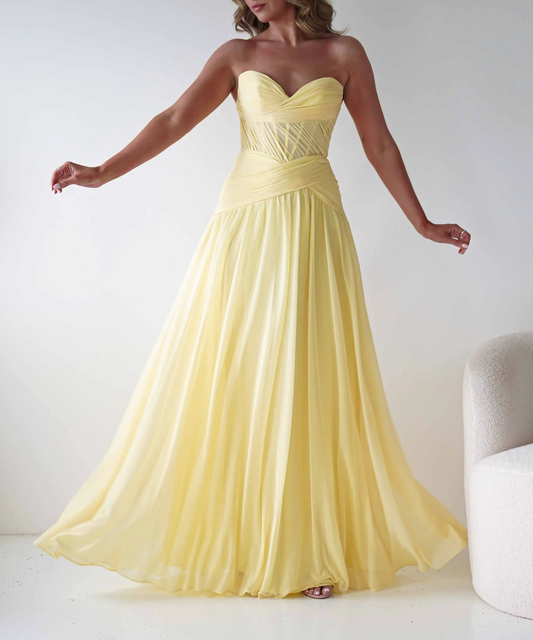 Elegant Strapless Corset-Style Chiffon Bridesmaid Dress with Tulle Lace-Up Panel and A-Line Prom Dresses