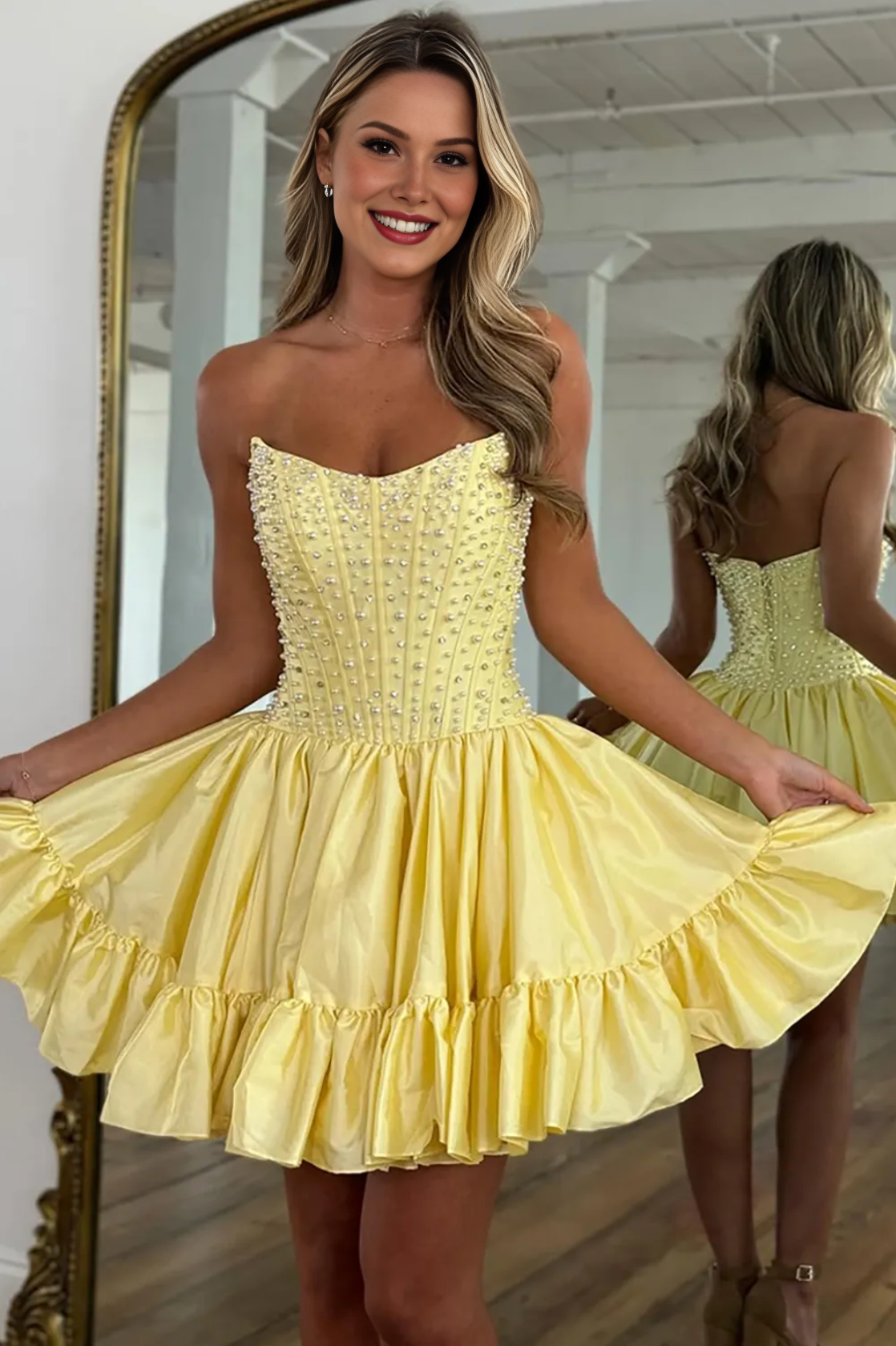 Sweetheart Beaded Ruffle Mini Satin Strapless Pearls Short Corset Homecoming Dress