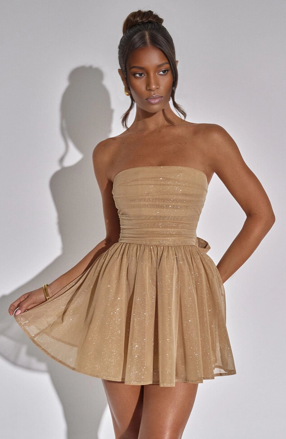 Glitter A-Line Strapless Sleeveless Bow Back Mini Homecoming Dress