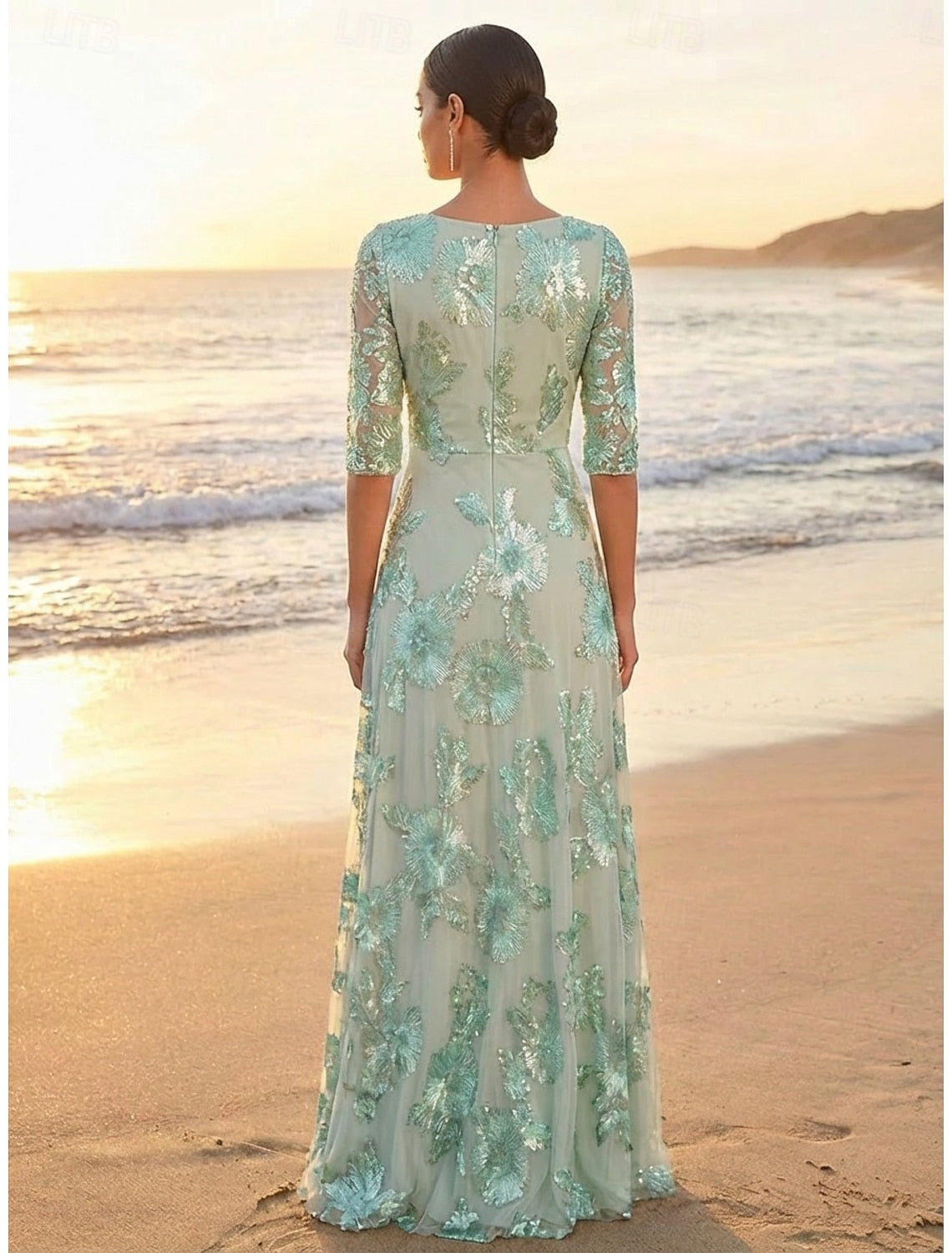 V-Neck 3/4 Sleeve Sequin Floral Appliqué Tulle A-Line Floor-Length Mother of the Bride Evening Dress