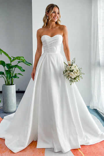 Vedress minimalist white satin sweetheart strapless a line chapel train wedding dress mannequin front shot